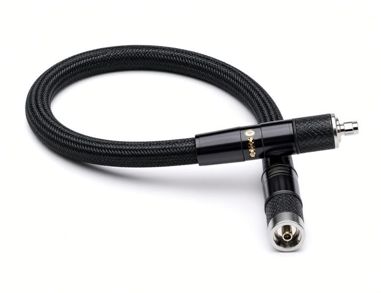 MegaPhase VN Series VNA test port extension cable assembly, coiled to show the internally armored jacket and the precision connectors at both ends